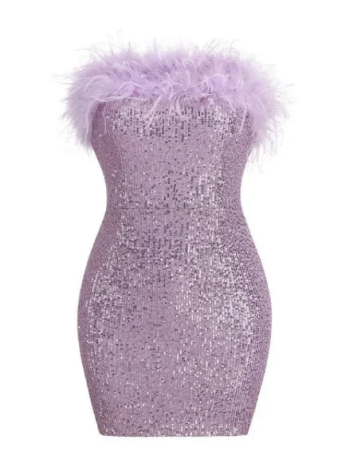 Dresses*Mew Mews Fashion Marin Strapless Feather Sequin Mini Dress In Violet