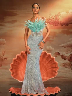 Embellishment | Dresses*Lu Yili Mathis Strapless Feather Sequin Maxi Dress