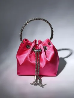 Bags*Mew Mews Fashion Mattea Satin Crystal Embellished Bucket Bag In Hot Pink