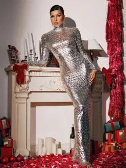 Dresses | Maxi Dresses*Mew Mews Fashion Mercy Long Sleeve Cutout Maxi Dress In Silver