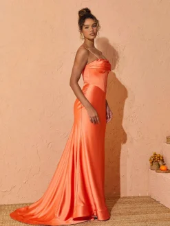 Dresses*Mew Mews Fashion Meris Spaghetti Satin Maxi Dress In Orange