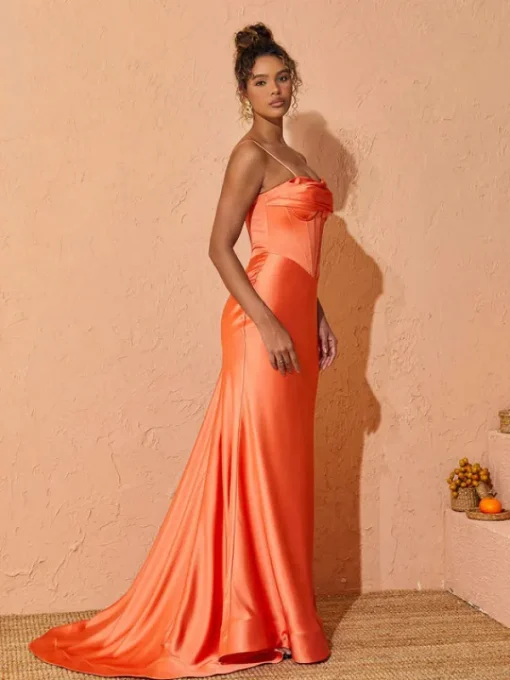 Dresses*Mew Mews Fashion Meris Spaghetti Satin Maxi Dress In Orange