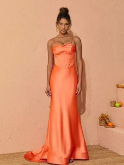 Dresses*Mew Mews Fashion Meris Spaghetti Satin Maxi Dress In Orange