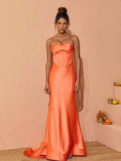 Dresses*Mew Mews Fashion Meris Spaghetti Satin Maxi Dress In Orange
