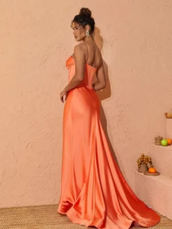 Dresses*Mew Mews Fashion Meris Spaghetti Satin Maxi Dress In Orange