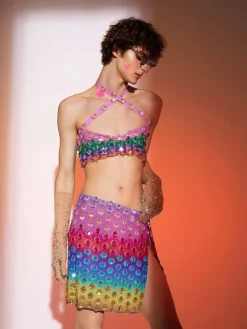 Embellishment*Embellishment Micaiah Halterneck Rainbow Rhinestone Top Set