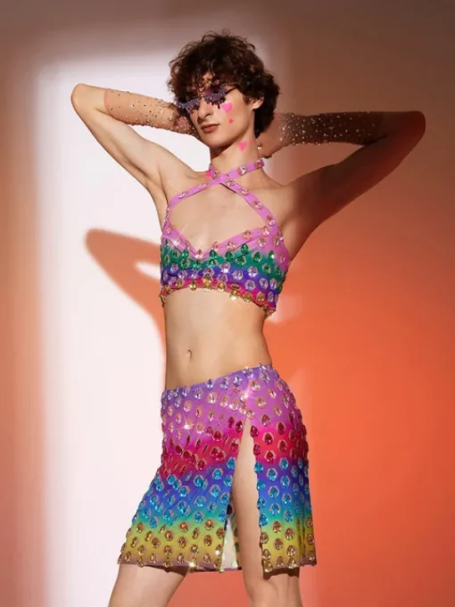 Embellishment*Embellishment Micaiah Halterneck Rainbow Rhinestone Top Set