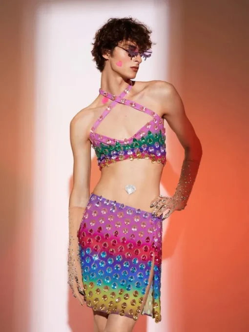 Embellishment*Embellishment Micaiah Halterneck Rainbow Rhinestone Top Set
