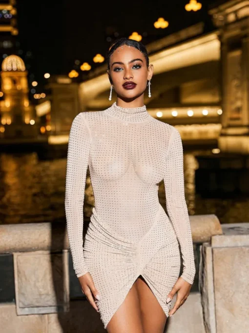 Dresses*Mew Mews Fashion Milton Long Sleeve Rhinestone Ruched Mini Dress