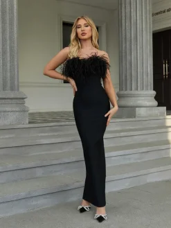 Dresses*Bandage Mina Strapless Feather Trimmed Dress