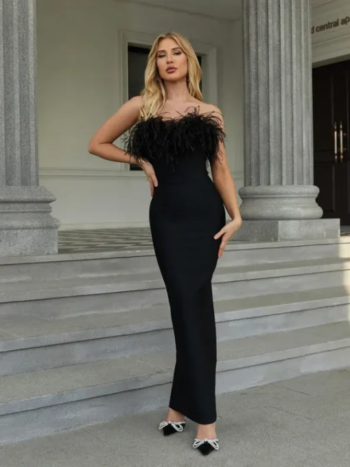 Dresses*Bandage Mina Strapless Feather Trimmed Dress