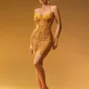 Dresses | Mini Dresses*W Jia Misael Halterneck Crystal Mesh Mini Dress In Gold