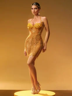 Dresses | Mini Dresses*W Jia Misael Halterneck Crystal Mesh Mini Dress In Gold