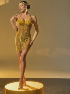 Dresses | Mini Dresses*W Jia Misael Halterneck Crystal Mesh Mini Dress In Gold