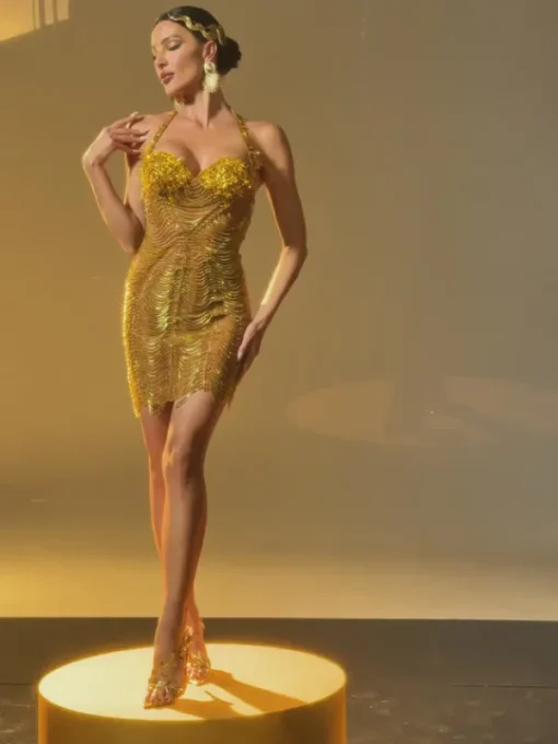 Dresses | Mini Dresses*W Jia Misael Halterneck Crystal Mesh Mini Dress In Gold