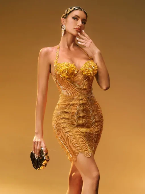 Dresses | Mini Dresses*W Jia Misael Halterneck Crystal Mesh Mini Dress In Gold