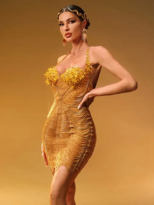 Dresses | Mini Dresses*W Jia Misael Halterneck Crystal Mesh Mini Dress In Gold