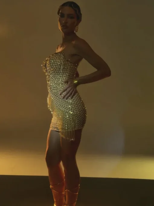 Embellishment | Dresses*Embellishment Mystica Strapless Rhinestone Fringe Mini Dress In Gold