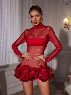 Dresses | Mini Dresses*Mew Mews Fashion Nairi Long Sleeve Flower Mesh Mini Dress