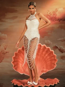Beaded Wear | Dresses*Mew Mews Fashion O/S Nicola Halterneck Pearl Fringe Maxi Dress