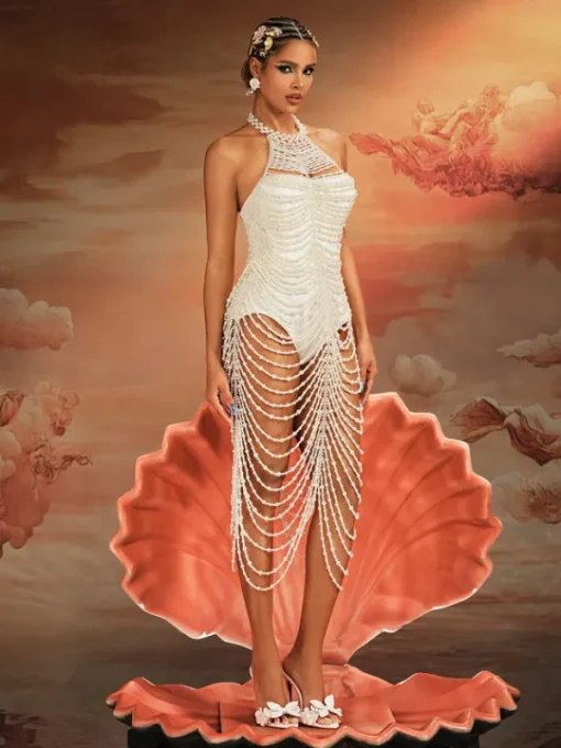 Beaded Wear | Dresses*Mew Mews Fashion O/S Nicola Halterneck Pearl Fringe Maxi Dress