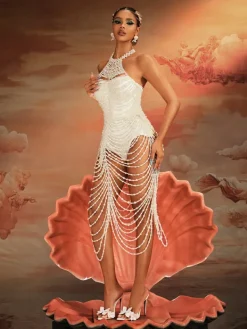 Beaded Wear | Dresses*Mew Mews Fashion O/S Nicola Halterneck Pearl Fringe Maxi Dress