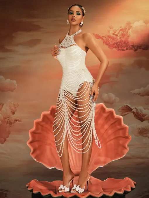 Beaded Wear | Dresses*Mew Mews Fashion O/S Nicola Halterneck Pearl Fringe Maxi Dress