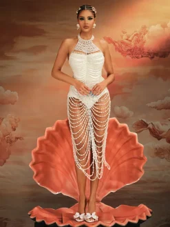 Beaded Wear | Dresses*Mew Mews Fashion O/S Nicola Halterneck Pearl Fringe Maxi Dress