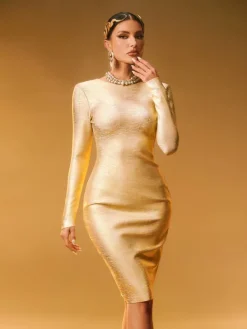 Dresses | Midi Dresses*Bandage Nina Printed Plunge Reversible Midi Dress In Gold