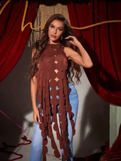 Tops*Mew Mews Fashion Nyx Backless Circle Cutout Fringe Top In Brown