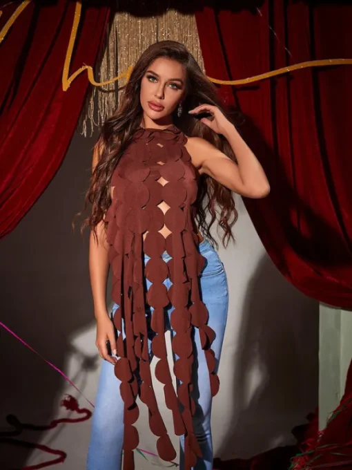 Tops*Mew Mews Fashion Nyx Backless Circle Cutout Fringe Top In Brown