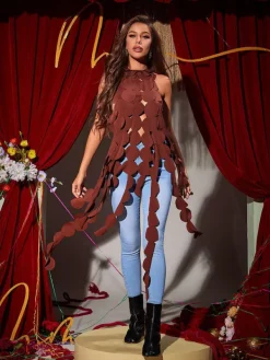 Tops*Mew Mews Fashion Nyx Backless Circle Cutout Fringe Top In Brown
