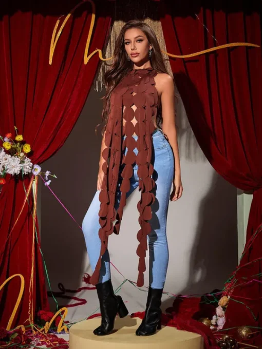 Tops*Mew Mews Fashion Nyx Backless Circle Cutout Fringe Top In Brown