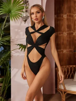 Swimwear*Mew Mews Fashion Obsidian Twisted Hollow Bodysuit