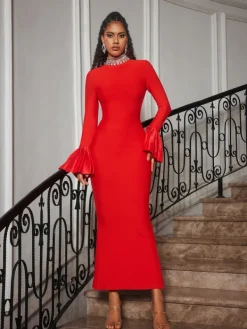 Dresses | Maxi Dresses*Bandage Omer Rhinestone Dress In Red