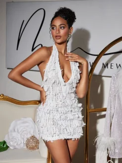 Dresses | Mini Dresses*Mew Mews Fashion Osanya Plunge Neck Fringe Mini Dress