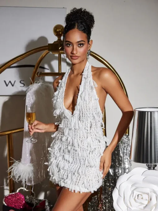 Dresses | Mini Dresses*Mew Mews Fashion Osanya Plunge Neck Fringe Mini Dress