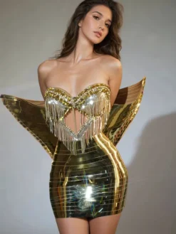 Dresses | Mini Dresses*Jiu Bajia O/S Osorio Rhinestone Fringe Metallic Skirt Set