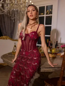 Dresses | Maxi Dresses*Mew Mews Fashion Ottis Sequin Fringe Maxi Dress In Red