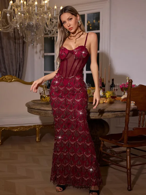 Dresses | Maxi Dresses*Mew Mews Fashion Ottis Sequin Fringe Maxi Dress In Red