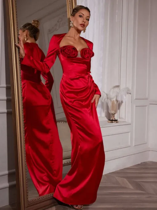 Dresses | Maxi Dresses*Mew Mews Fashion Ozuru Long Sleeve Flower Satin Dress
