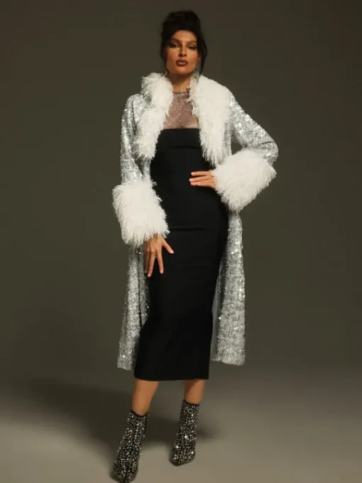 Coats & Jackets*Mew Mews Fashion Panue Faux Fur Collar Sequin Coat