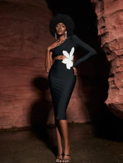 Dresses*Bandage Patsy Flower Pearl Cutout Dress