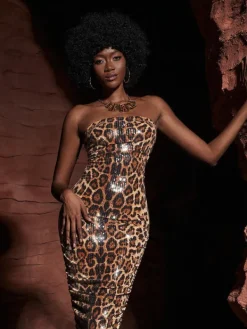 Dresses*Mew Mews Fashion Peyton Strapless Leopard Sequin Maxi Dress