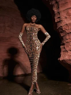 Dresses*Mew Mews Fashion Peyton Strapless Leopard Sequin Maxi Dress
