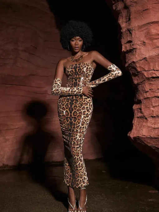 Dresses*Mew Mews Fashion Peyton Strapless Leopard Sequin Maxi Dress