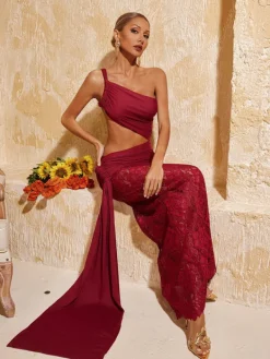 Dresses | Maxi Dresses*Mew Mews Fashion Phelia Cutout Lace Draped Maxi Dress In Wine