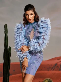 Embellishment | Dresses*Embellishment Platon Long Sleeve Feather Embellished Mini Dress