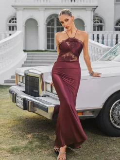 Dresses | Maxi Dresses*Mew Mews Fashion Quivara Halterneck Trimmed Satin Maxi Dress