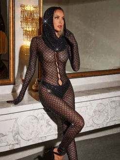 Embellishment*Embellishment Qyxalith Long Sleeve Mesh Jumpsuit